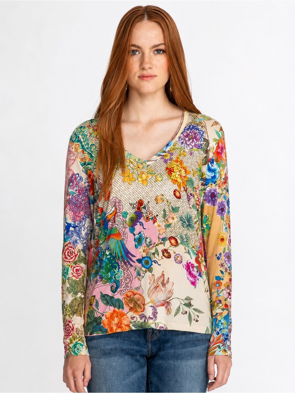 Johnny Was Light Dreamer Favorite Long Sleeve Vee Swing Blouse Floral Women S